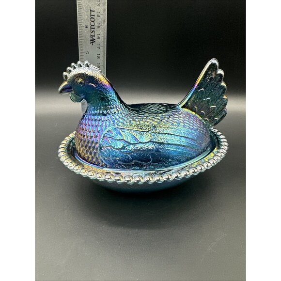 Vintage Indiana Glass Blue Iridescent UV Glow Carnival Hen On Nest EUC - Picture 14 of 16